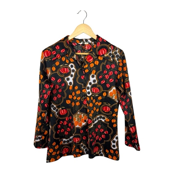 VINTAGE Rhoda Lee Women’s Floral Button Down Blouse Black/Red/Orange OS - Picture 1 of 6